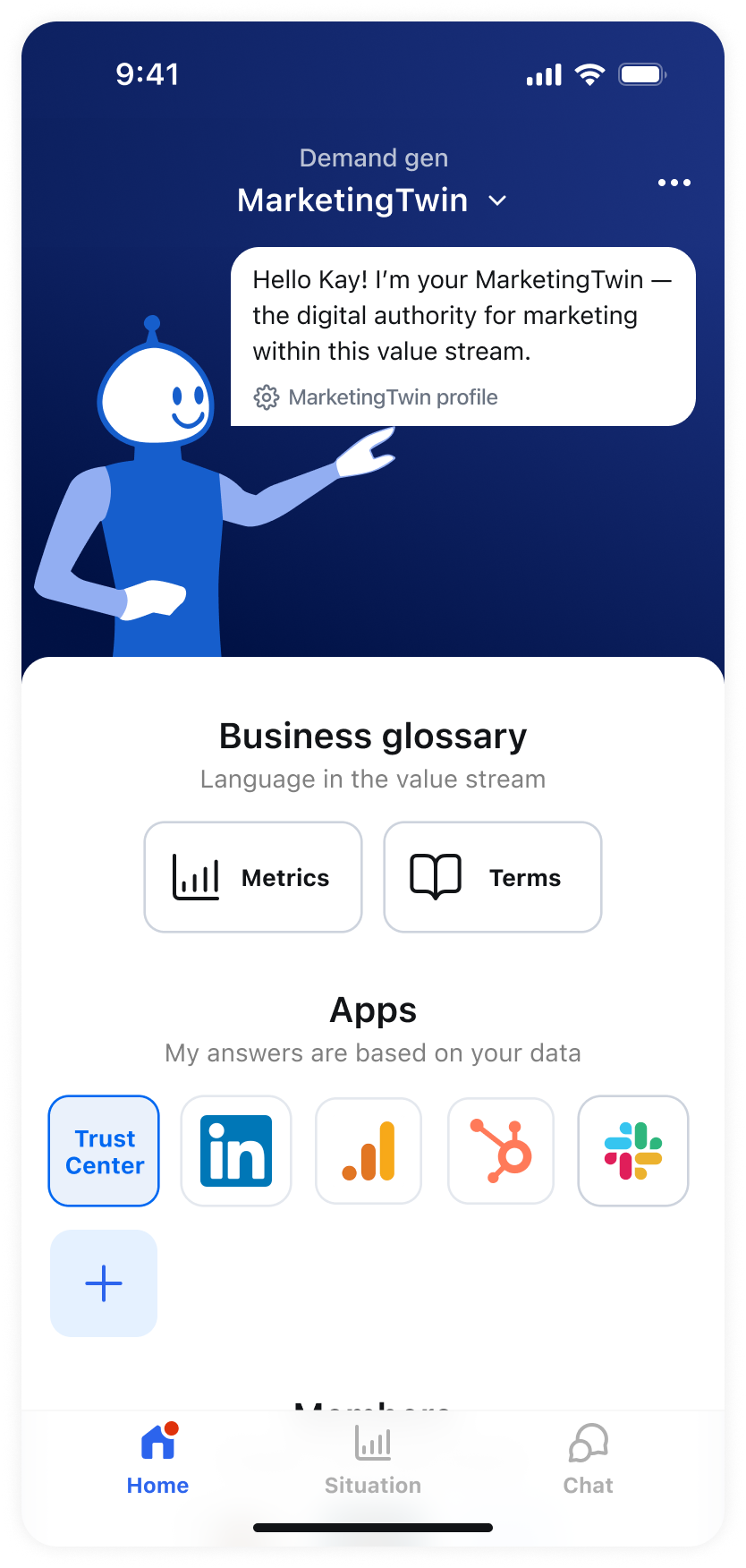 HelloTwin mobile app showing a Twin home